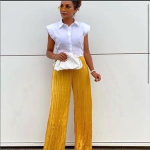 Zara high waisted satin crinkle wide leg yellow pants